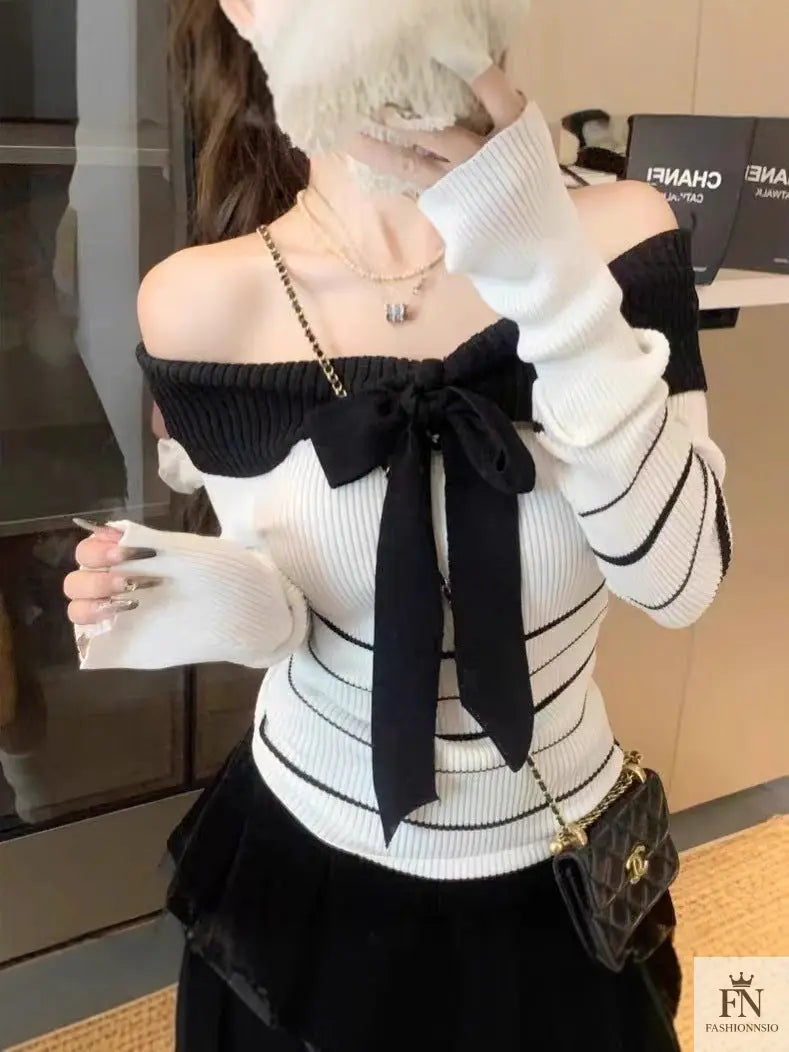 Off Shoulder Striped Knit Bow Top - Fashionnsio