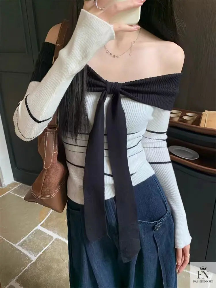 Off Shoulder Striped Knit Bow Top - Fashionnsio