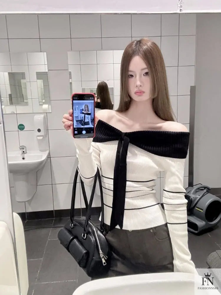Off Shoulder Striped Knit Bow Top - Fashionnsio