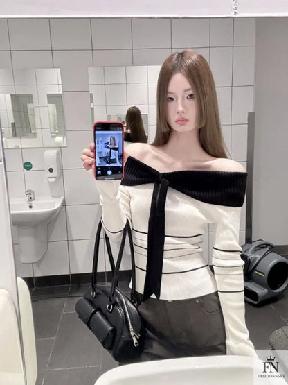 Off Shoulder Striped Knit Bow Top - Fashionnsio