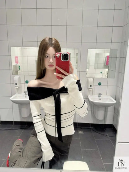 Off Shoulder Striped Knit Bow Top - Fashionnsio