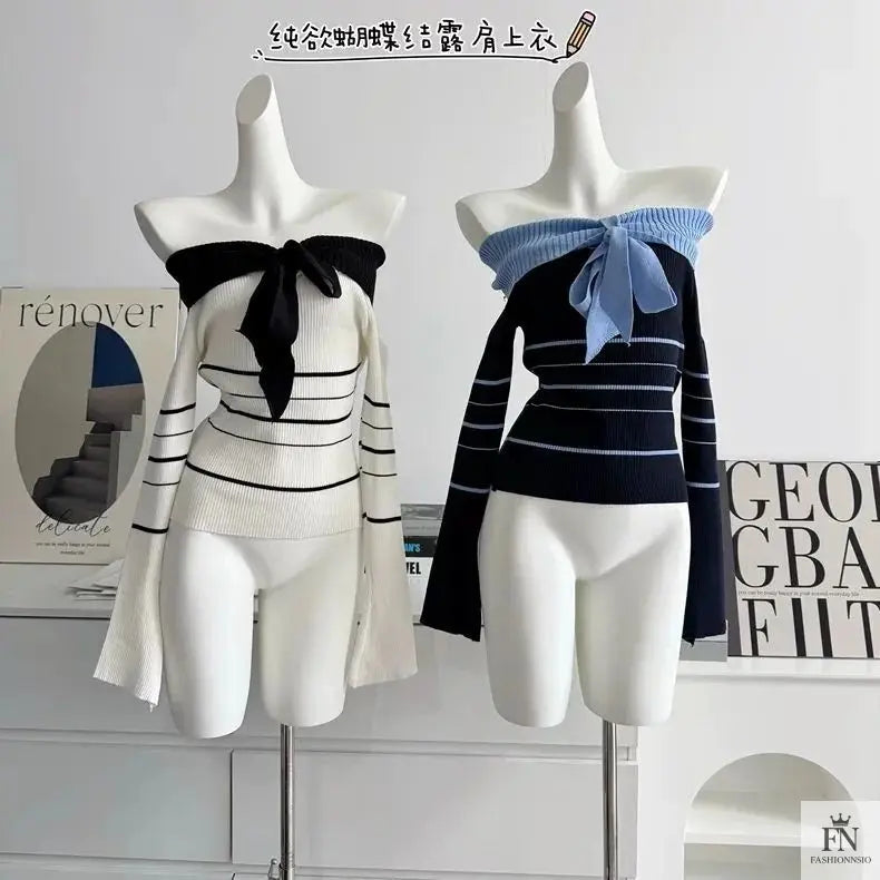 Off Shoulder Striped Knit Bow Top - Fashionnsio