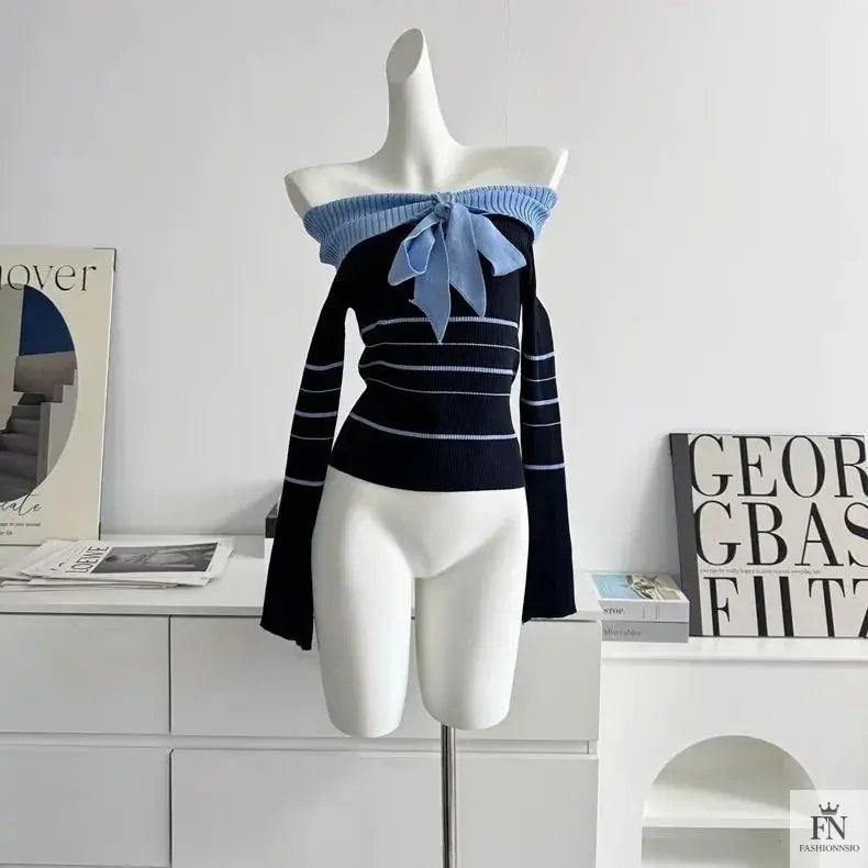 Off Shoulder Striped Knit Bow Top - Fashionnsio