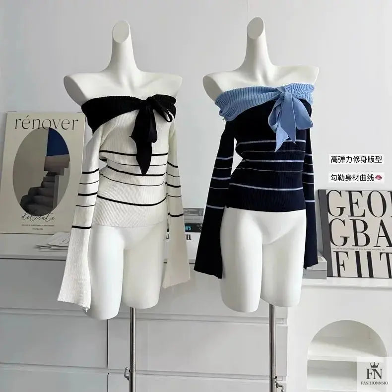 Off Shoulder Striped Knit Bow Top - Fashionnsio