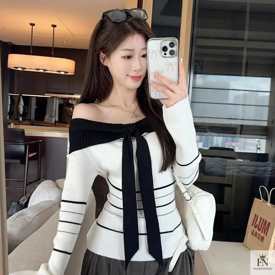 Off Shoulder Striped Knit Bow Top - Fashionnsio