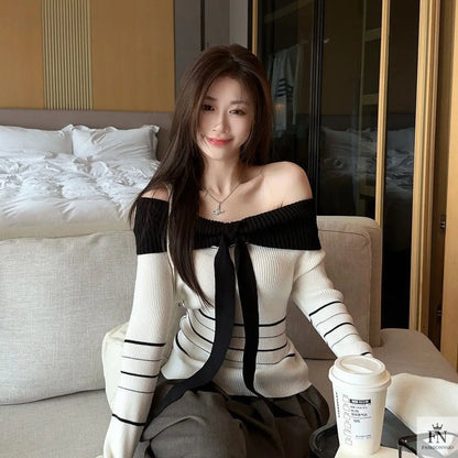 Off Shoulder Striped Knit Bow Top - Fashionnsio