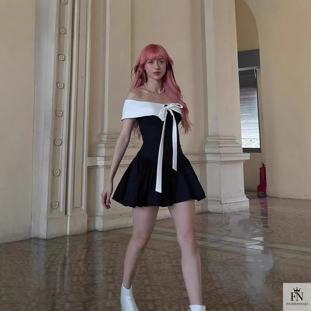 Off Shoulder Ribbon Bow Dress - Fashionnsio