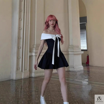Off Shoulder Ribbon Bow Dress - Fashionnsio