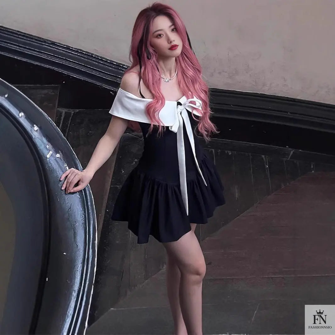 Off Shoulder Ribbon Bow Dress - Fashionnsio