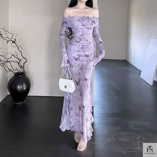 Butterfly Print Off Shoulder Ruffle Dress - Fashionnsio