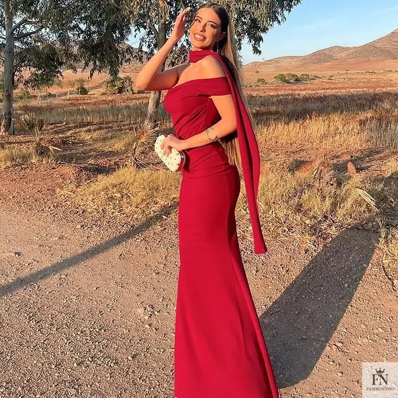 One Shoulder Long Dress With Scarf - Fashionnsio