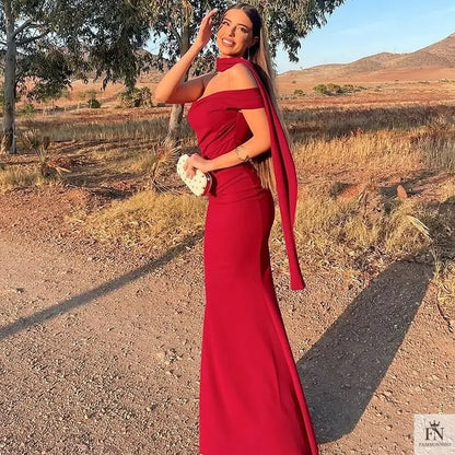 One Shoulder Long Dress With Scarf - Fashionnsio