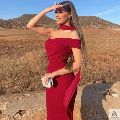 One Shoulder Long Dress With Scarf - Fashionnsio