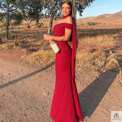 One Shoulder Long Dress With Scarf - Fashionnsio