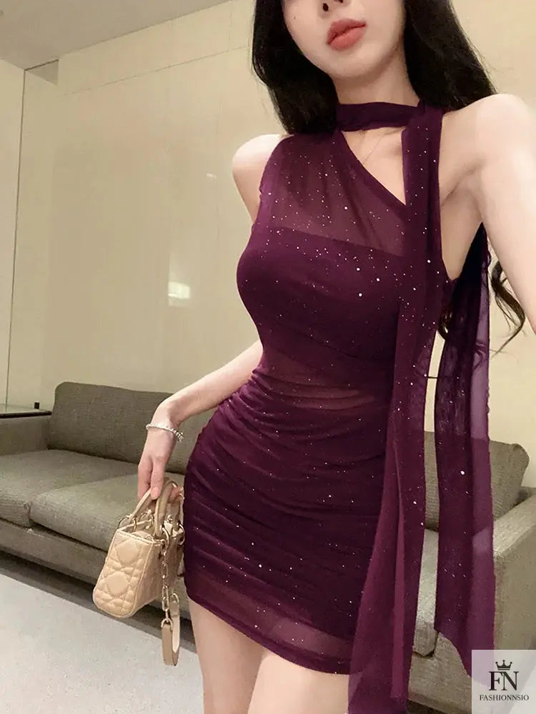 One Shoulder Ribbon Mini Dress - Fashionnsio