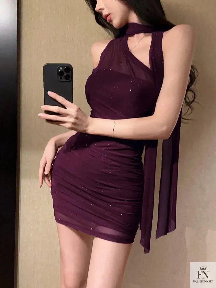 One Shoulder Ribbon Mini Dress - Fashionnsio