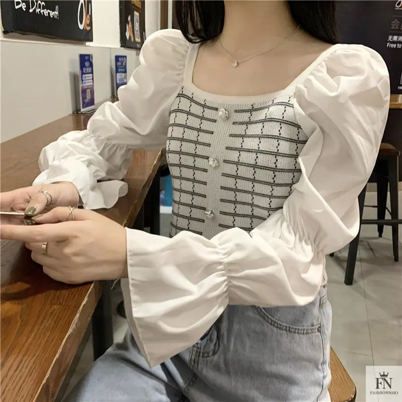 Pearl Button Puff Sleeve Top - Fashionnsio