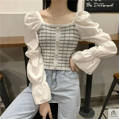 Pearl Button Puff Sleeve Top - Fashionnsio