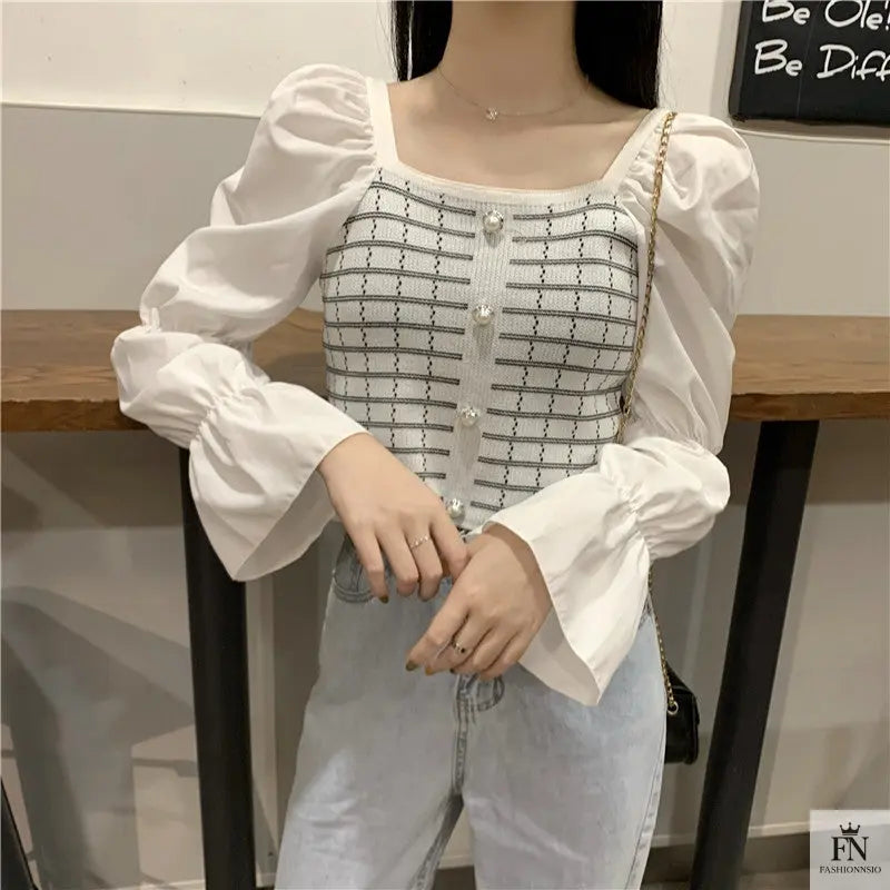 Pearl Button Puff Sleeve Top - Fashionnsio