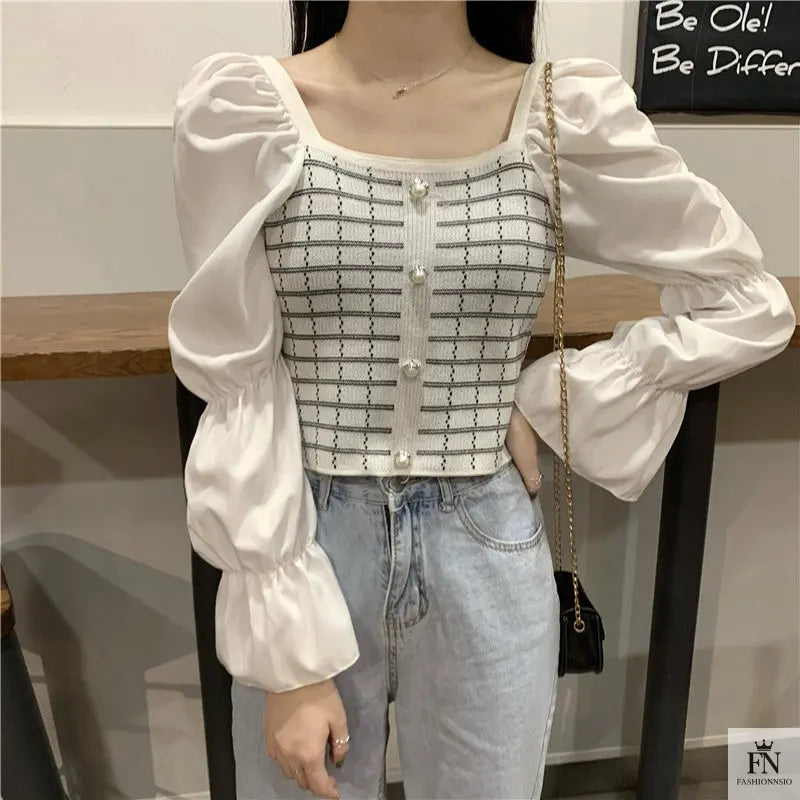 Pearl Button Puff Sleeve Top - Fashionnsio