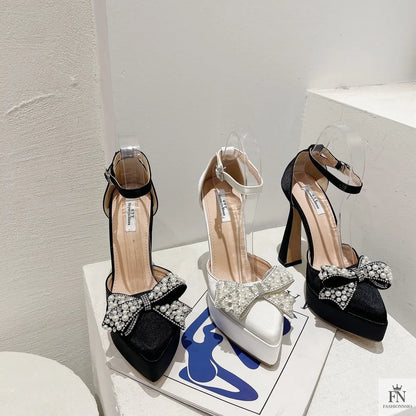 Pearl Crystal Bow Platform Pointed Heels - Fashionnsio