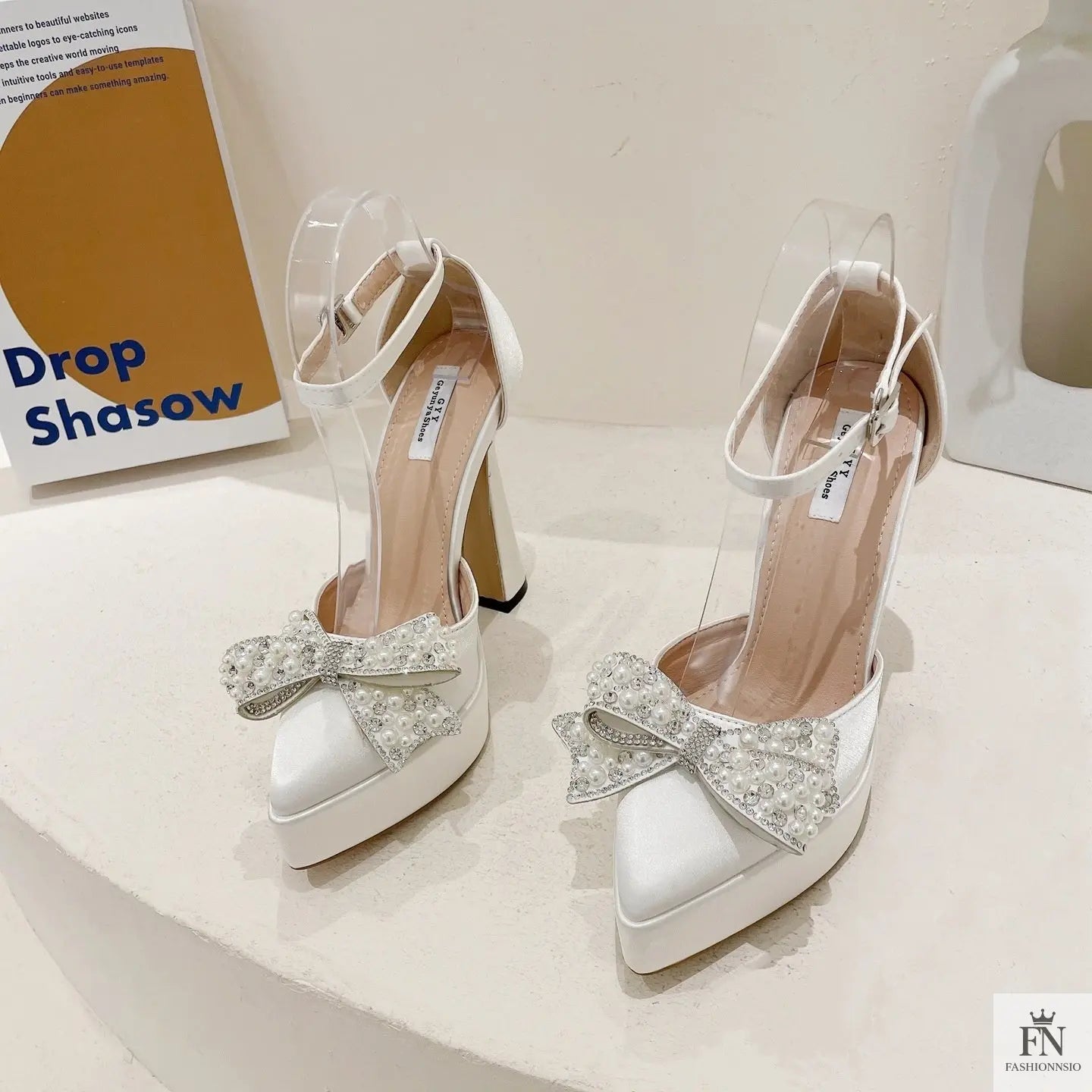 Pearl Crystal Bow Platform Pointed Heels - Fashionnsio