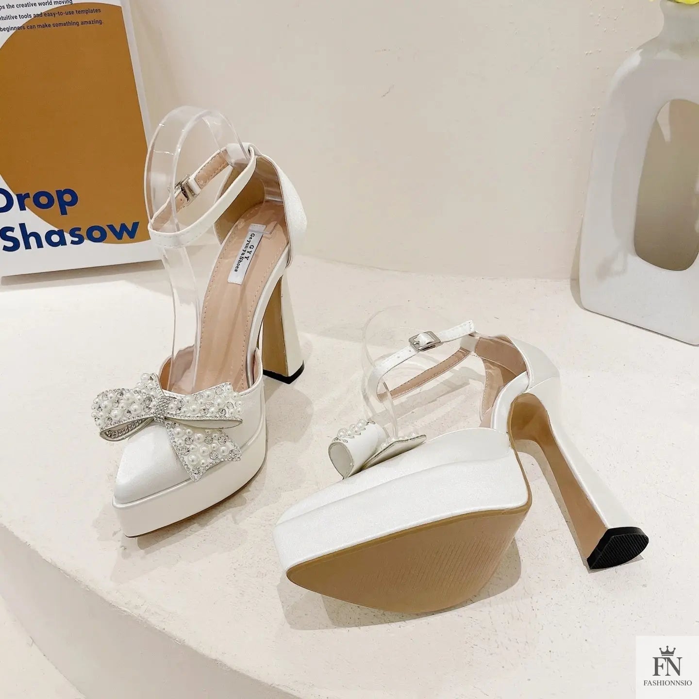 Pearl Crystal Bow Platform Pointed Heels - Fashionnsio