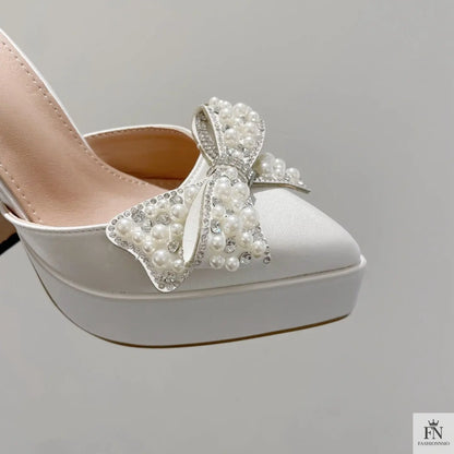 Pearl Crystal Bow Platform Pointed Heels - Fashionnsio