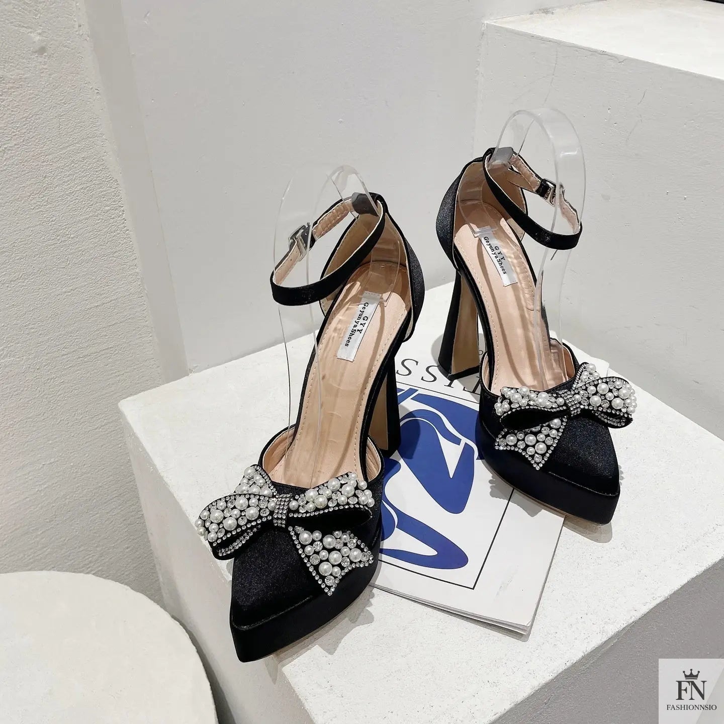Pearl Crystal Bow Platform Pointed Heels - Fashionnsio