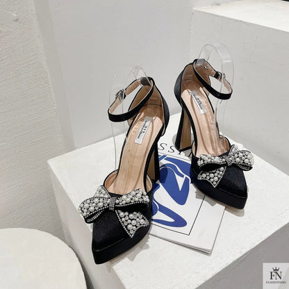 Pearl Crystal Bow Platform Pointed Heels - Fashionnsio