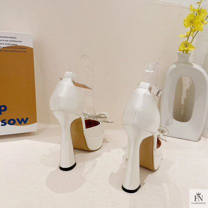 Pearl Crystal Bow Platform Pointed Heels - Fashionnsio
