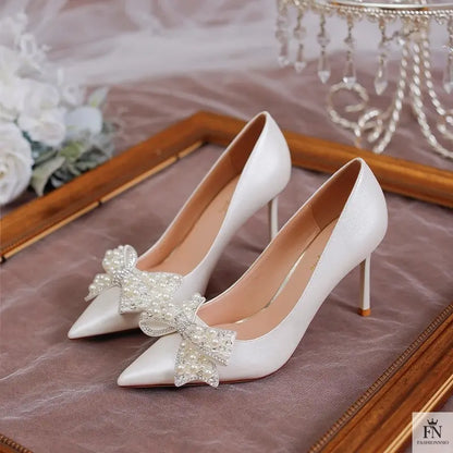 Pearl Diamond Bow Pointed Heels - Fashionnsio