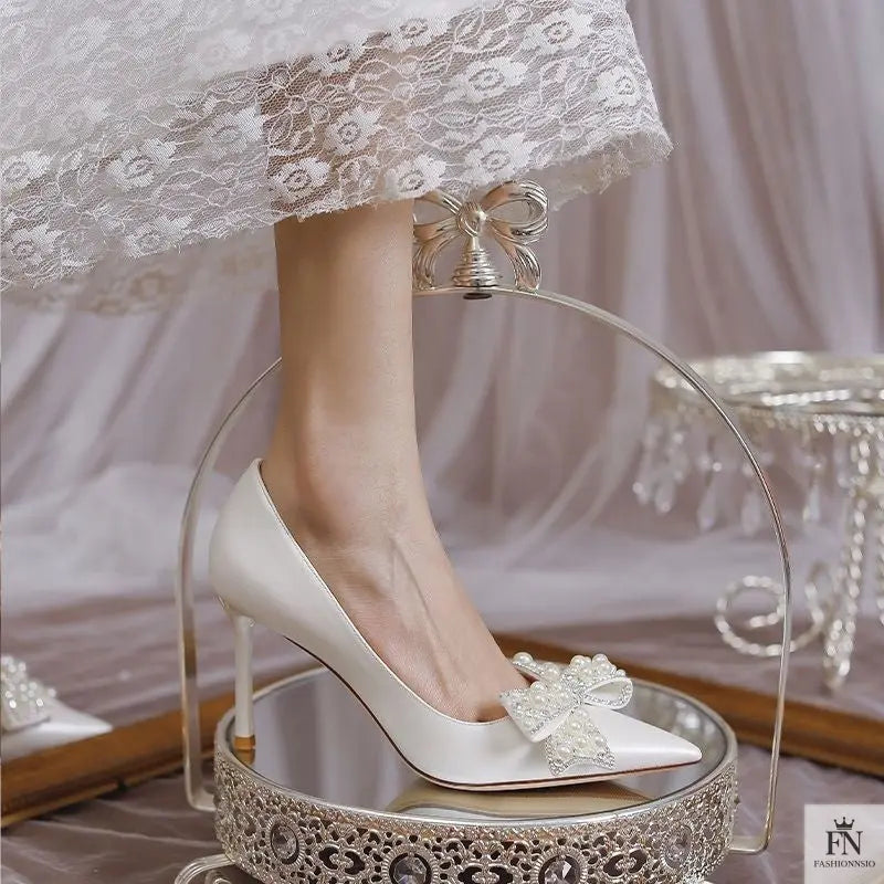 Pearl Diamond Bow Pointed Heels - Fashionnsio