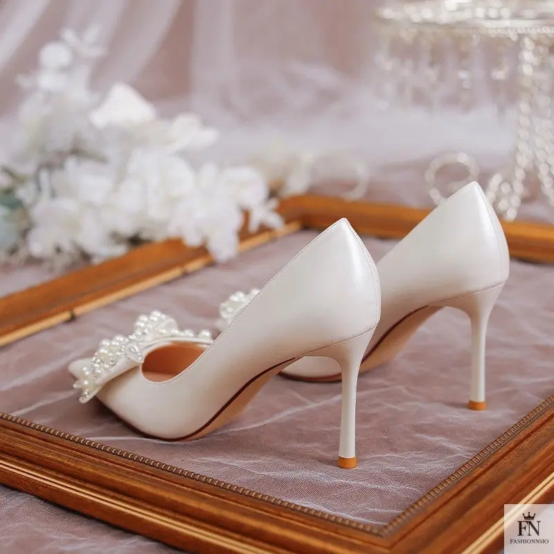 Pearl Diamond Bow Pointed Heels - Fashionnsio