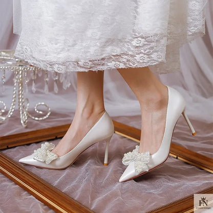 Pearl Diamond Bow Pointed Heels - Fashionnsio