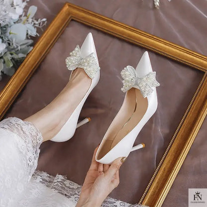 Pearl Diamond Bow Pointed Heels - Fashionnsio