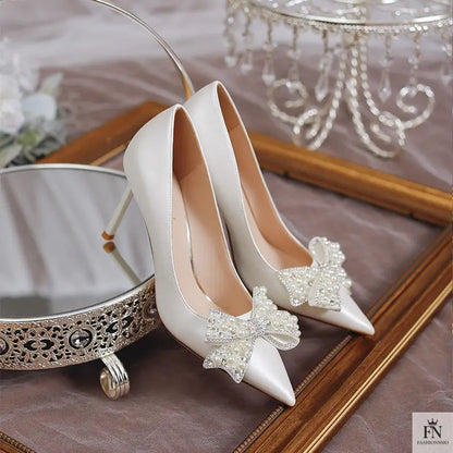 Pearl Diamond Bow Pointed Heels - Fashionnsio
