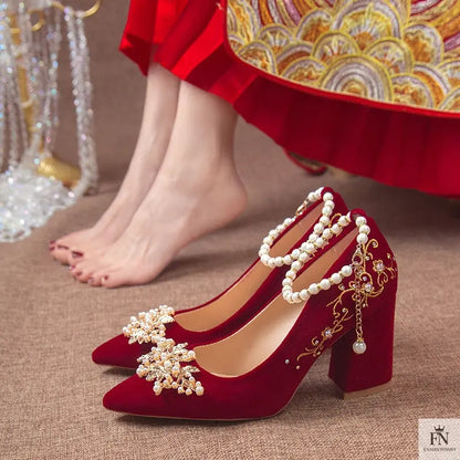 Pearl Embellishments Block Wedding Heels - Fashionnsio