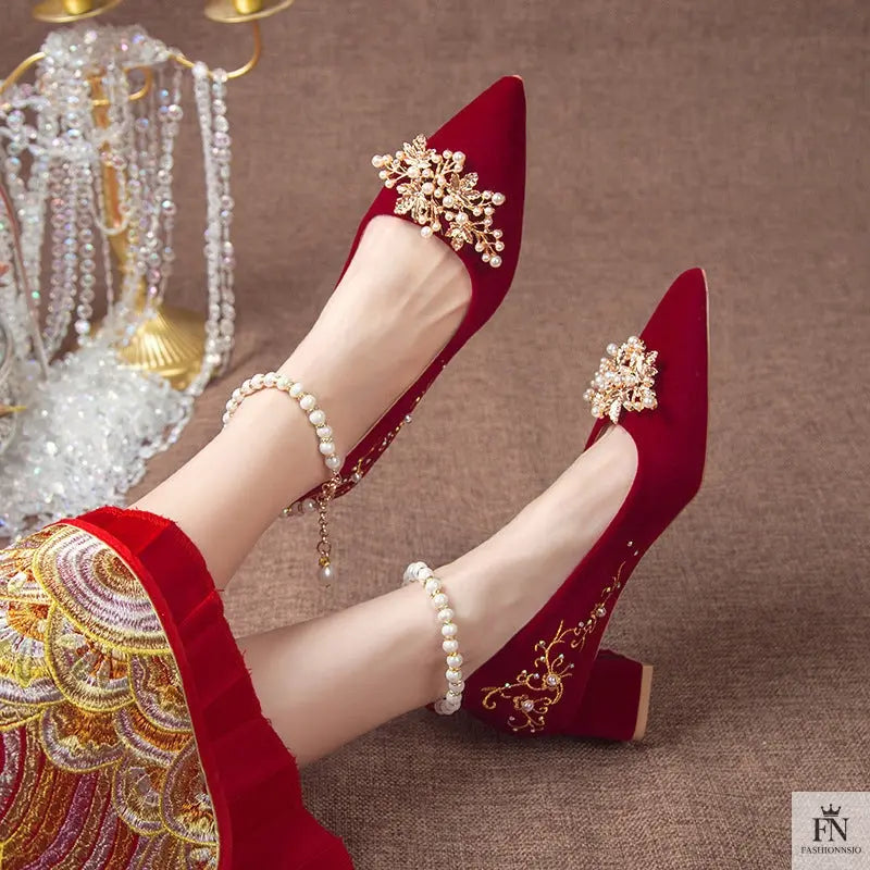Pearl Embellishments Block Wedding Heels - Fashionnsio
