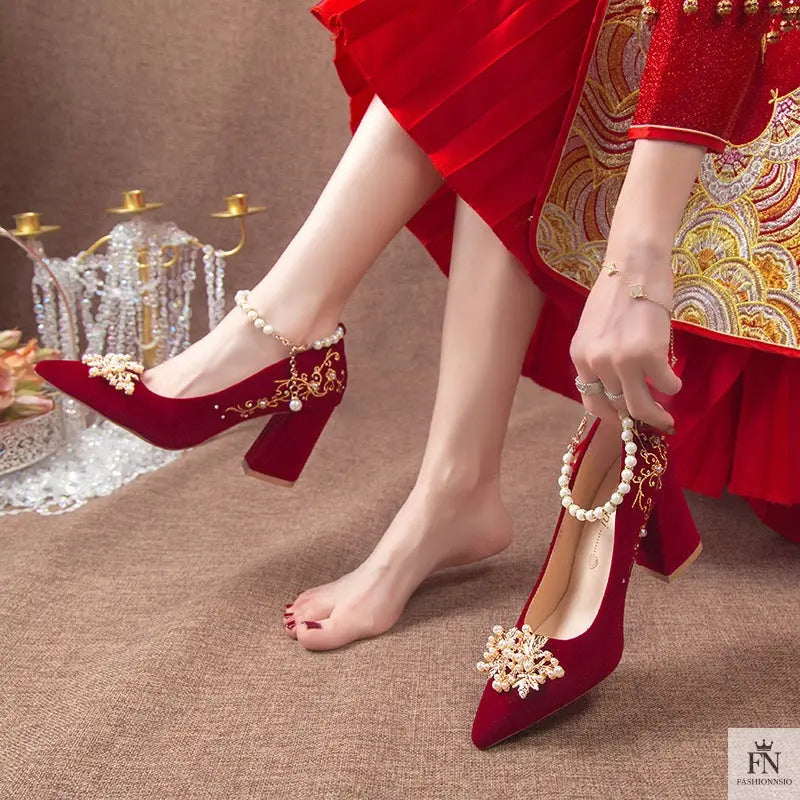 Pearl Embellishments Block Wedding Heels - Fashionnsio