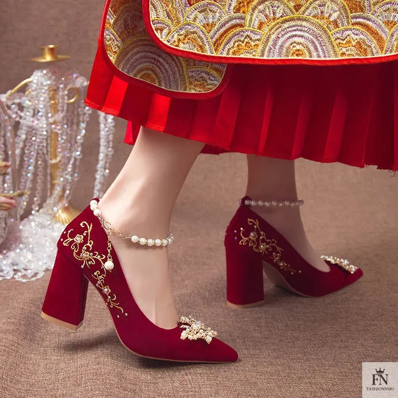 Pearl Embellishments Block Wedding Heels - Fashionnsio
