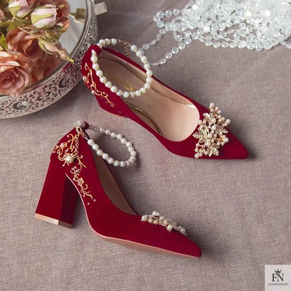 Pearl Embellishments Block Wedding Heels - Fashionnsio