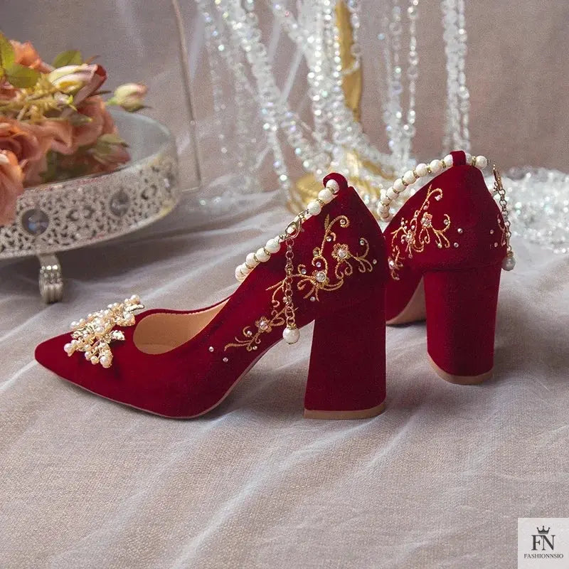 Pearl Embellishments Block Wedding Heels - Fashionnsio