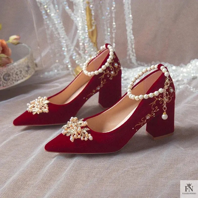 Pearl Embellishments Block Wedding Heels - Fashionnsio