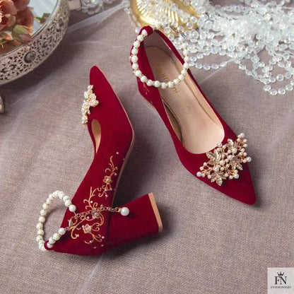 Pearl Embellishments Block Wedding Heels - Fashionnsio