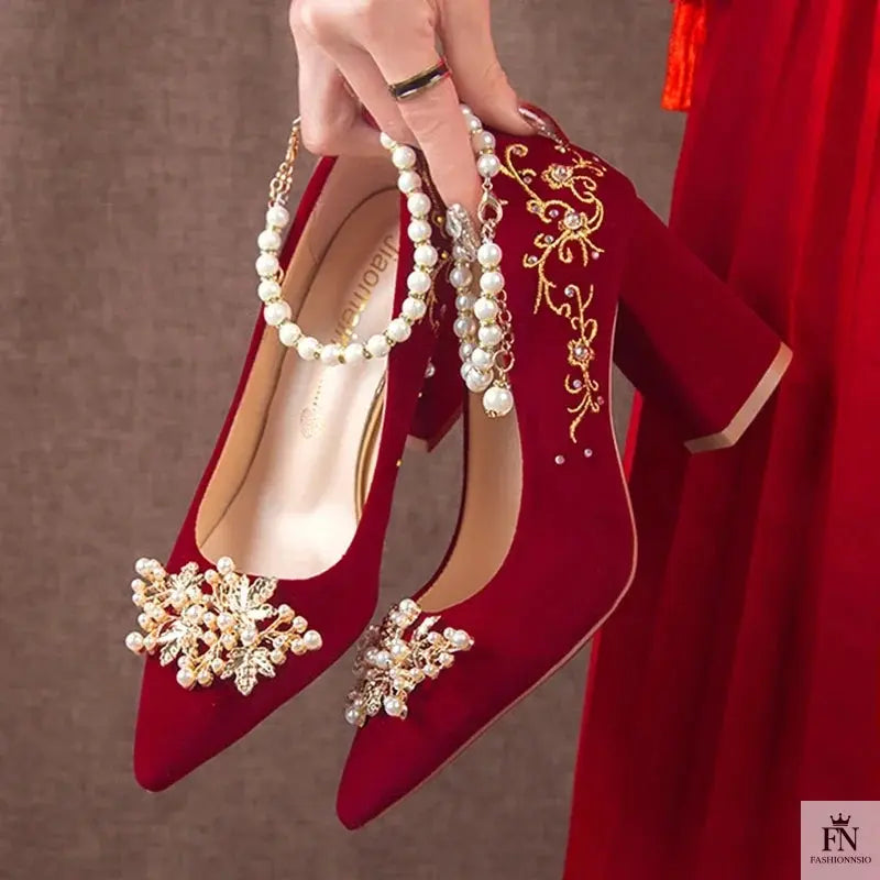 Pearl Embellishments Block Wedding Heels - Fashionnsio