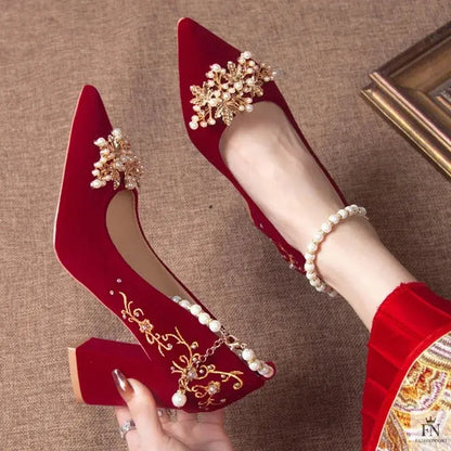 Pearl Embellishments Block Wedding Heels - Fashionnsio
