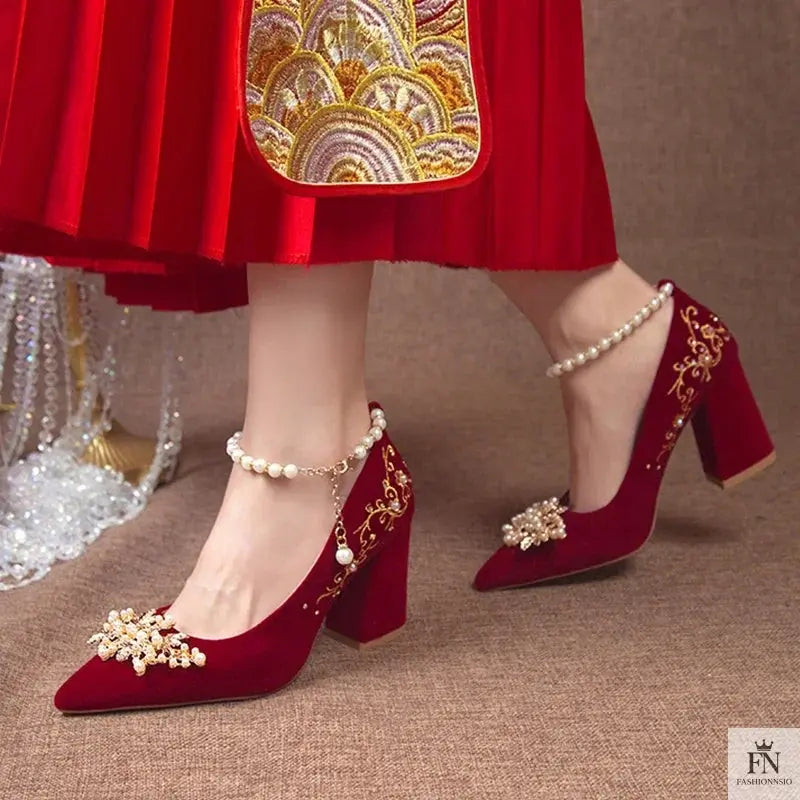Pearl Embellishments Block Wedding Heels - Fashionnsio
