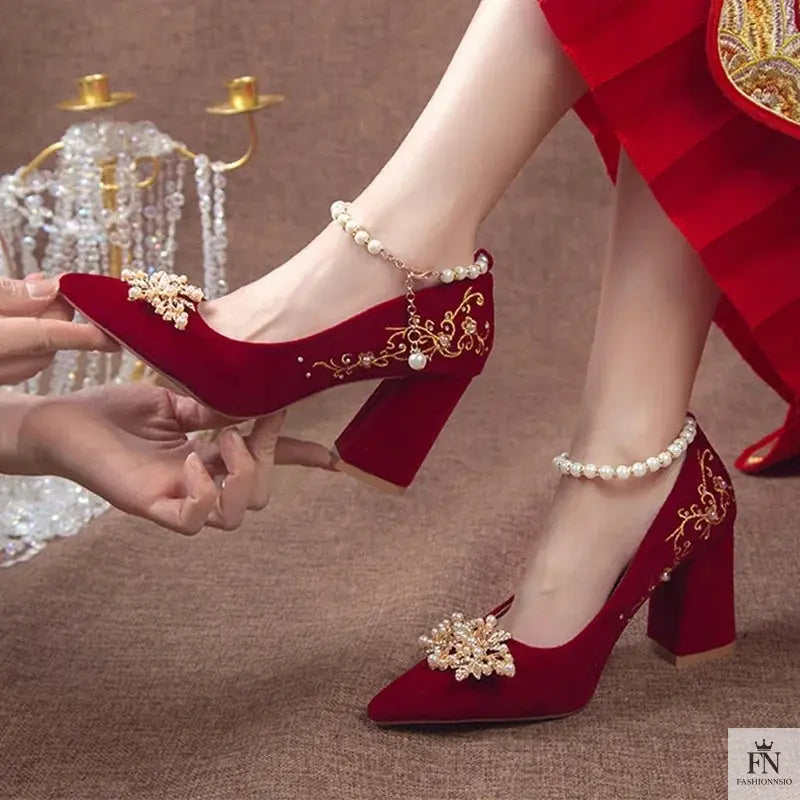 Pearl Embellishments Block Wedding Heels - Fashionnsio