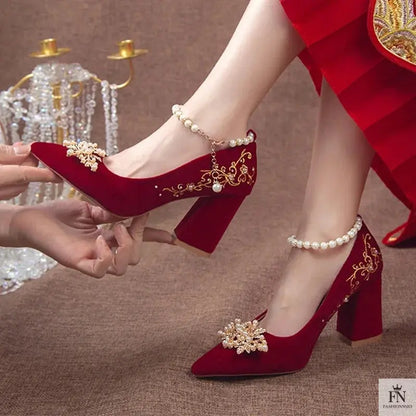 Pearl Embellishments Block Wedding Heels - Fashionnsio